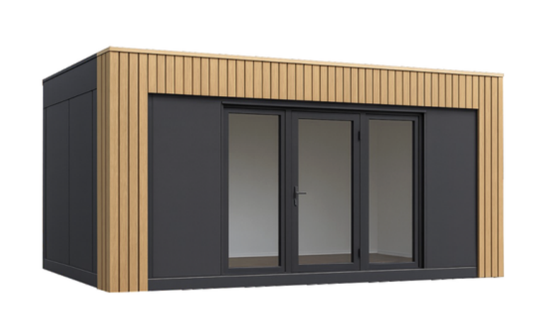 Modulaire unit met grote glazen deuren en houten omlijsting.
