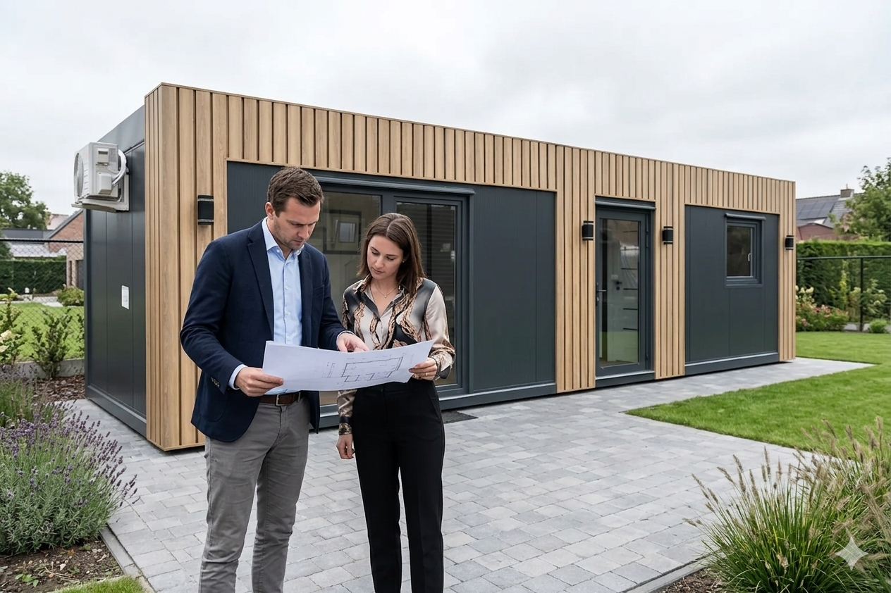 Twee mensen bekijken blauwdrukken voor een modern, houten en donkere gevel modulaire zorgunit.