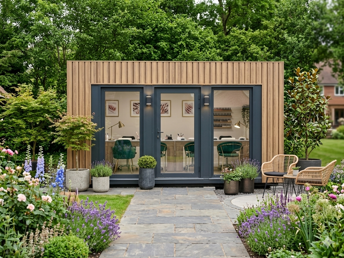 Een kleine, moderne unit met grote glazen deuren, omgeven door kleurrijke bloemen en groene planten.