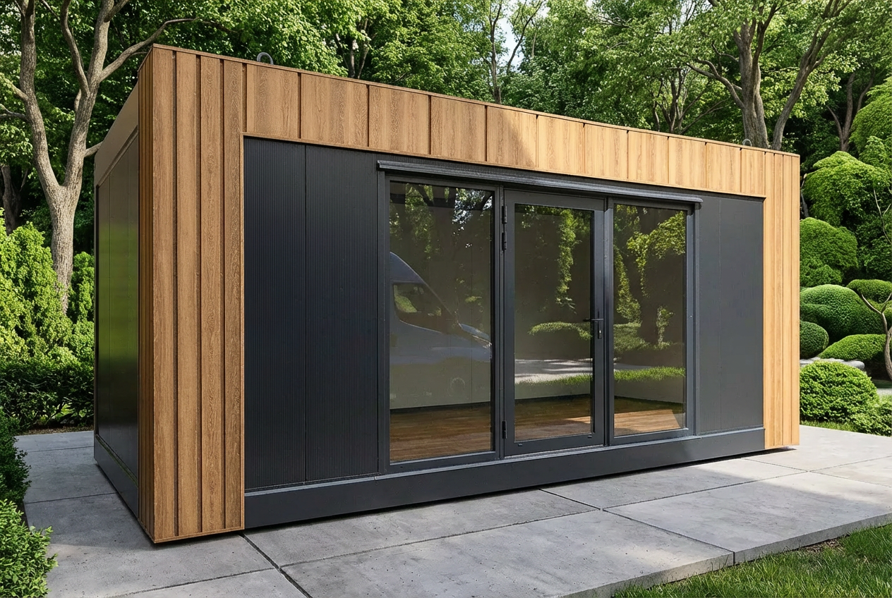 Een moderne houten en zwarte mantelzorgwoning met grote glazen schuifdeuren, geplaatst op een betegeld terras in een groene tuin.
