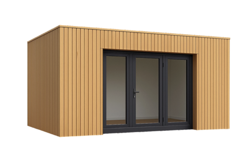 Een modulaire unit met grote glazen deuren.