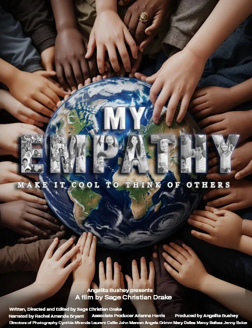 Group of diverse children and adults with hands placed around a globe Earth, with text promoting environmental awareness and empathy.