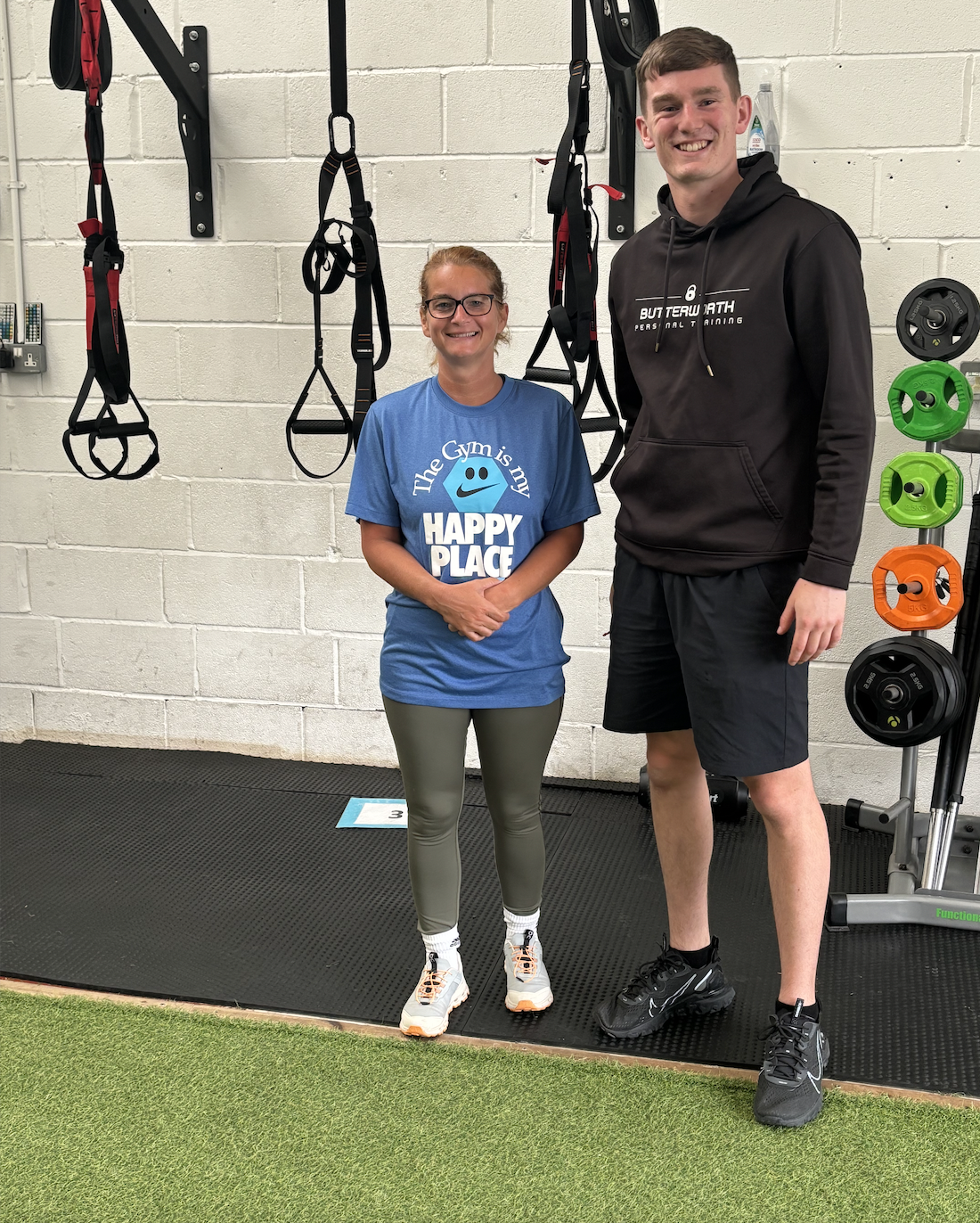 Josh Butterworth, Burnley PT pictured with client for a client testimonial.