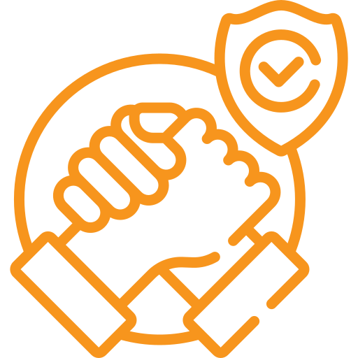Outline of two hands shaking with a shield bearing a checkmark nearby, symbolizing security and trust.