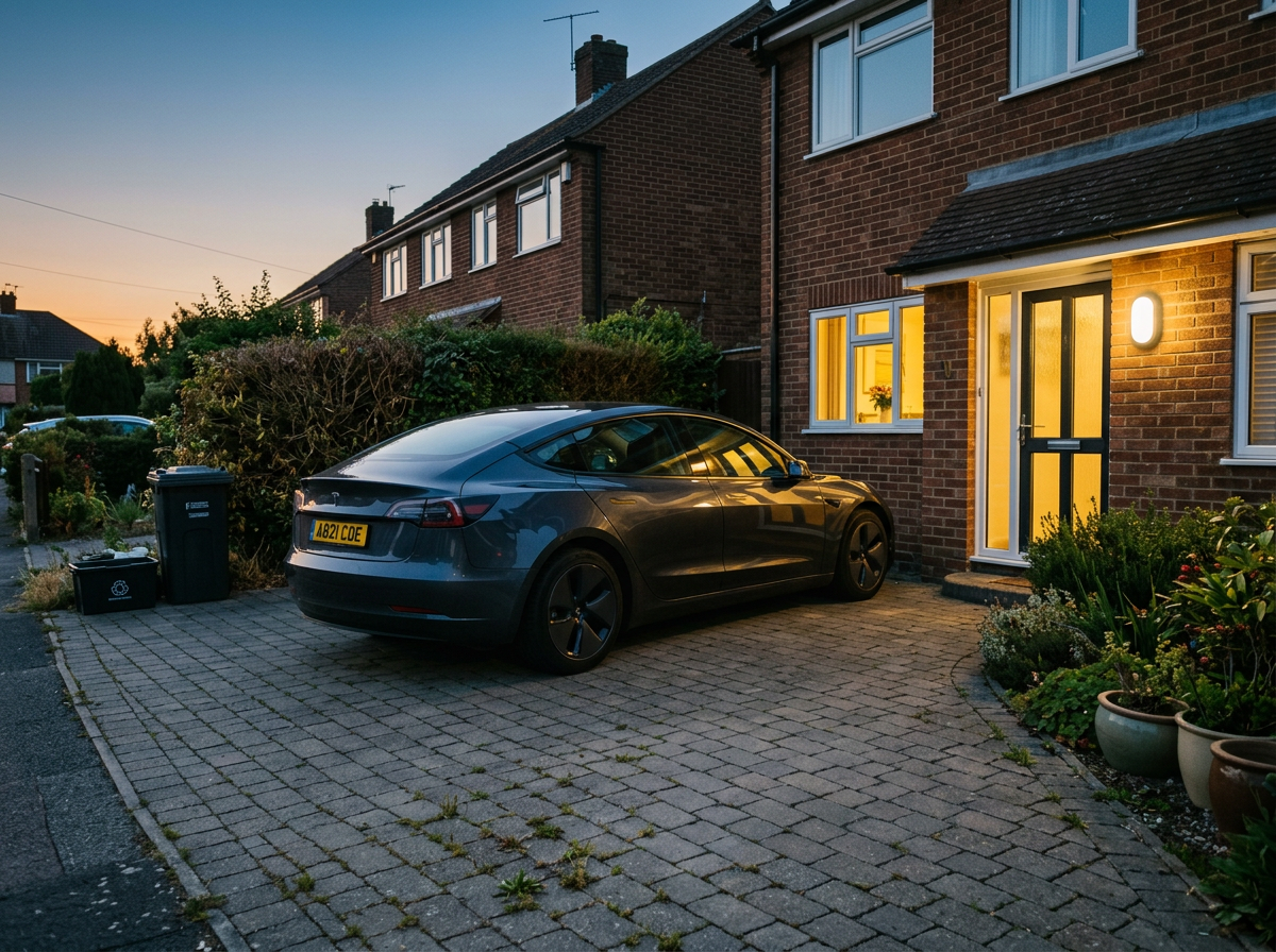 A modern car parked on a UK driveway at dusk