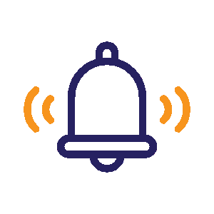 Icon of a bell ringing with sound waves on each side, on a dark background.