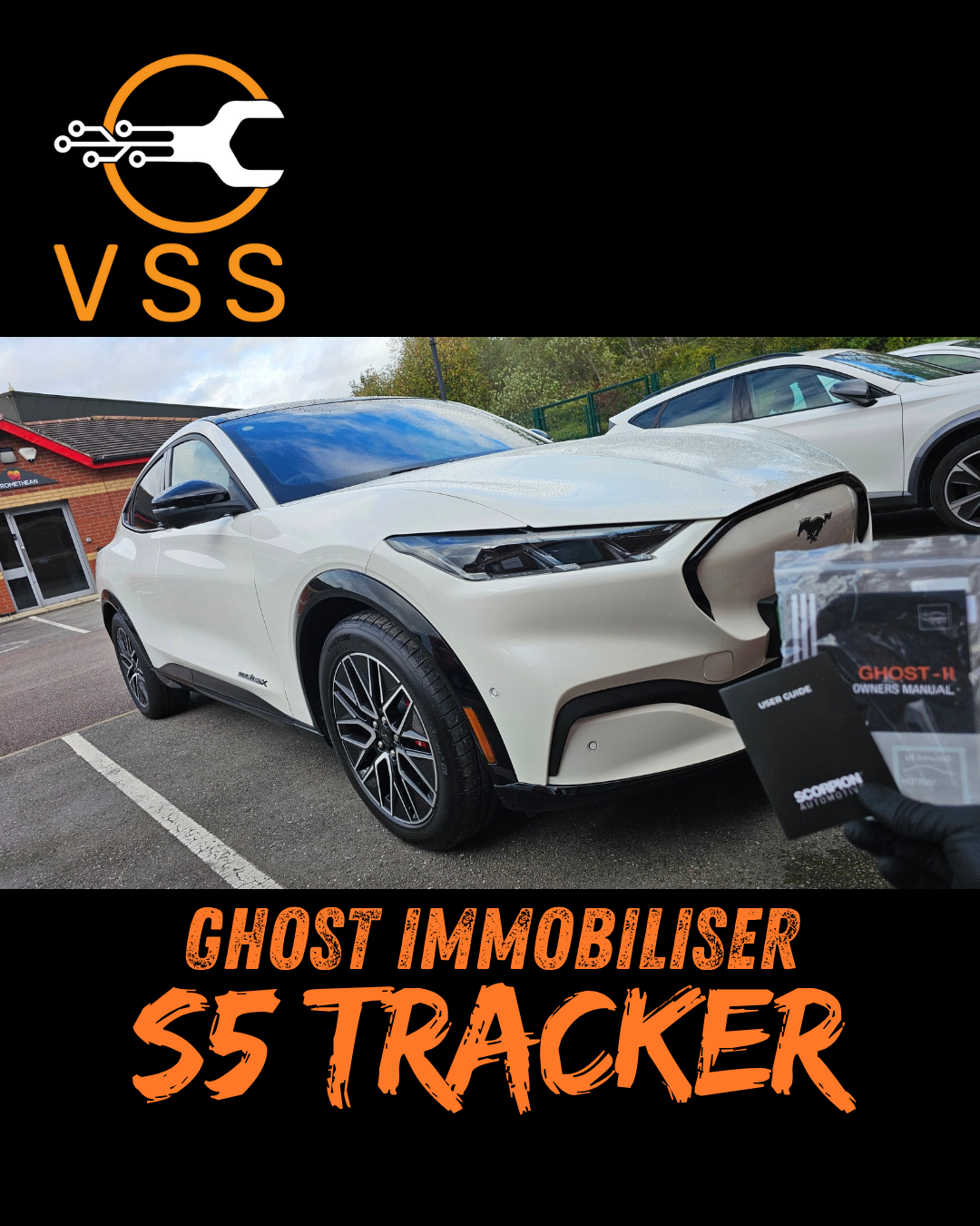 White Ford Mustang Mach-E protected by a Ghost Immobiliser and ScorpionTrack S5 vehicle tracker installed by VSS.