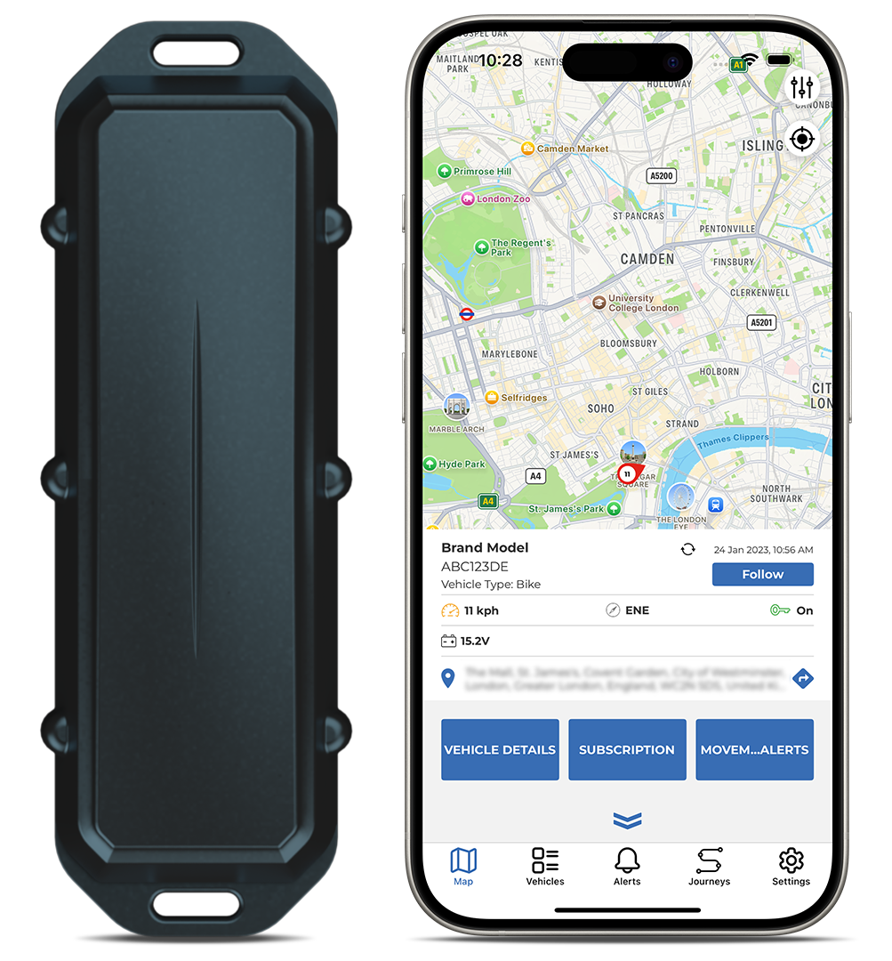A GPS tracking device connected to a smartphone showing a map of London, England, with details about a bicycle, including its speed, battery voltage, and location. The device is black with red accents and mounted behind the phone.