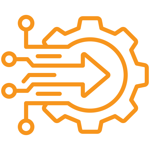 Orange gear with digital circuit lines and arrow symbol indicating automation or processing.