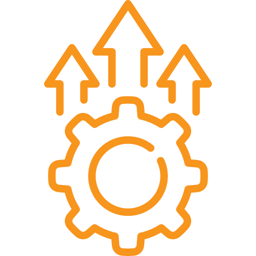 Orange gear icon with upward arrows indicating upward movement or growth.
