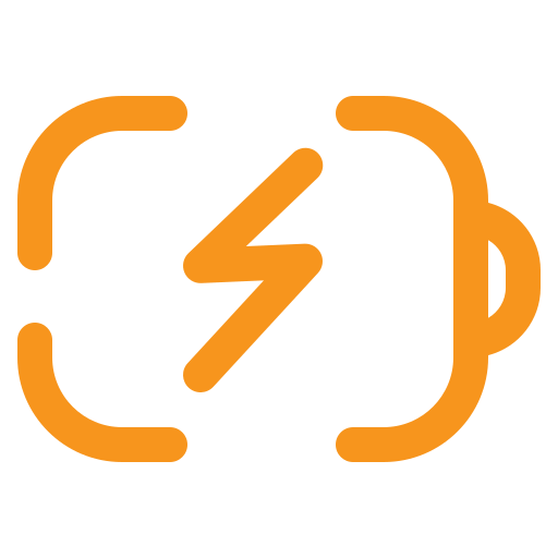 A yellow lightning bolt inside a circular orange outline on a black background, representing a battery or power icon.