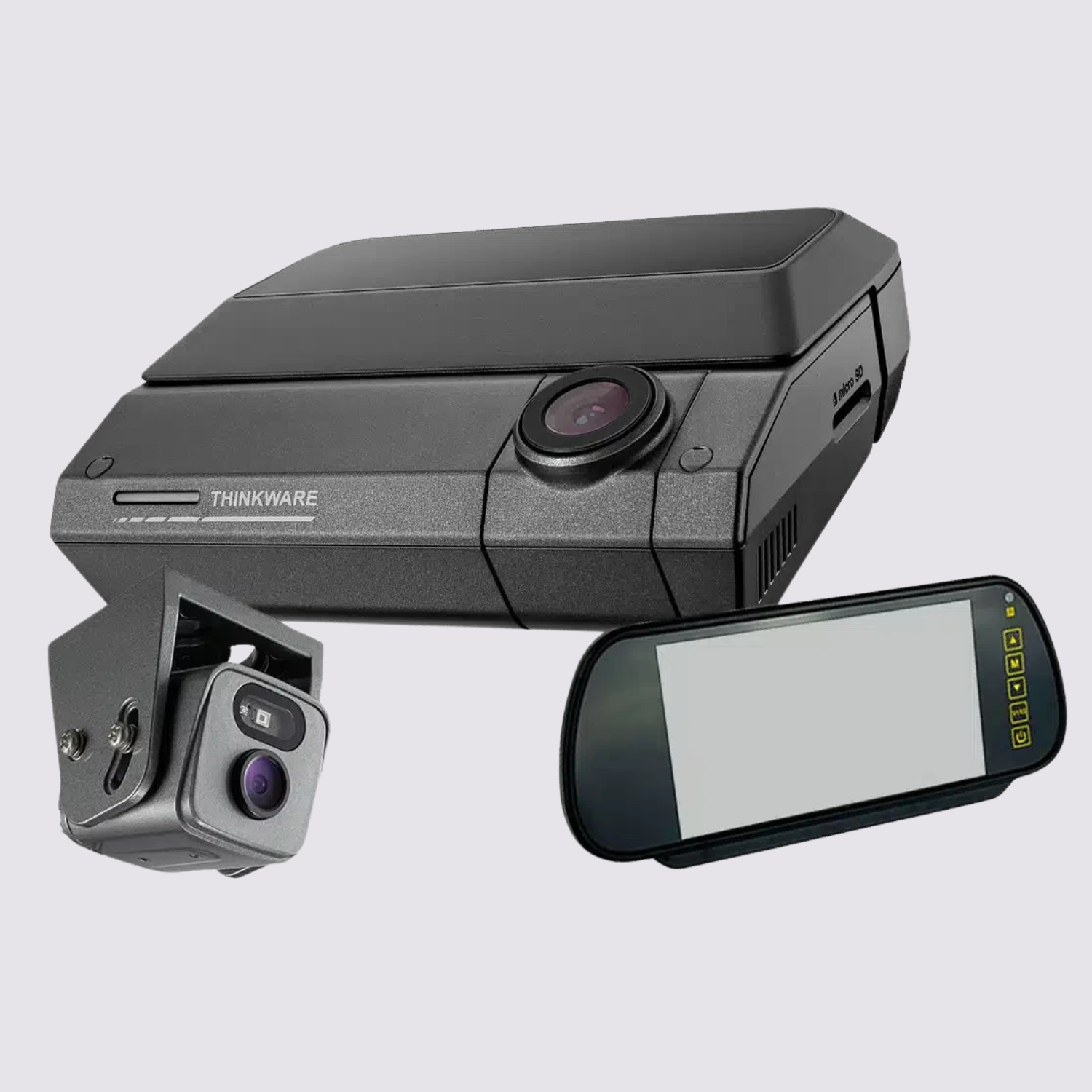 A collection of vehicle cameras and a dashboard monitor, including a large black dash camera, a smaller camera with a mounting bracket, and a rectangular display screen with control buttons.