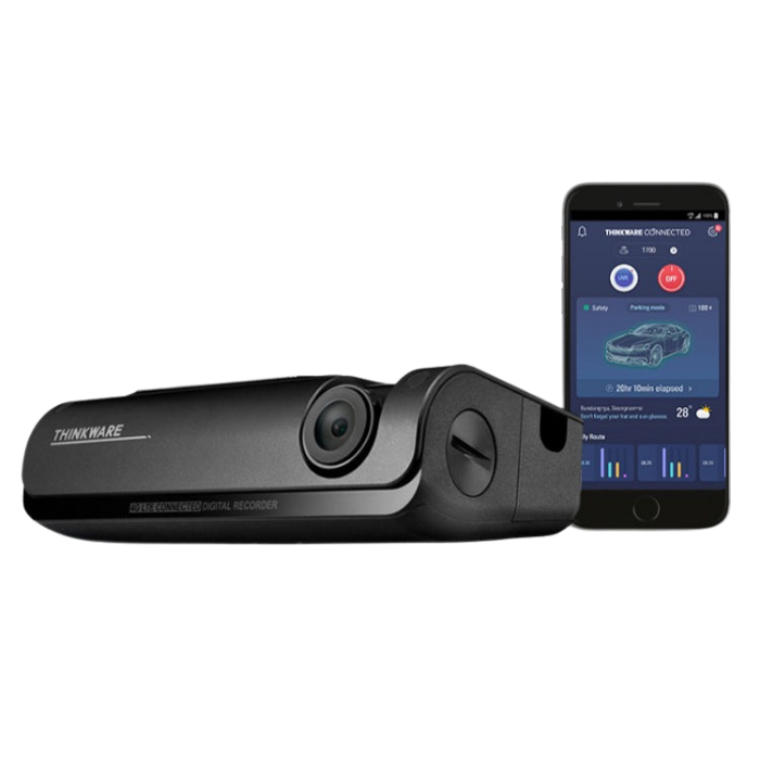 A Thinkware dash camera with a smartphone displaying its connected app, showing vehicle status and footage.