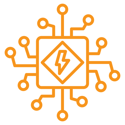 Orange circuit board icon with a lightning bolt inside a diamond shape at the center, representing electrical or electronic technology.