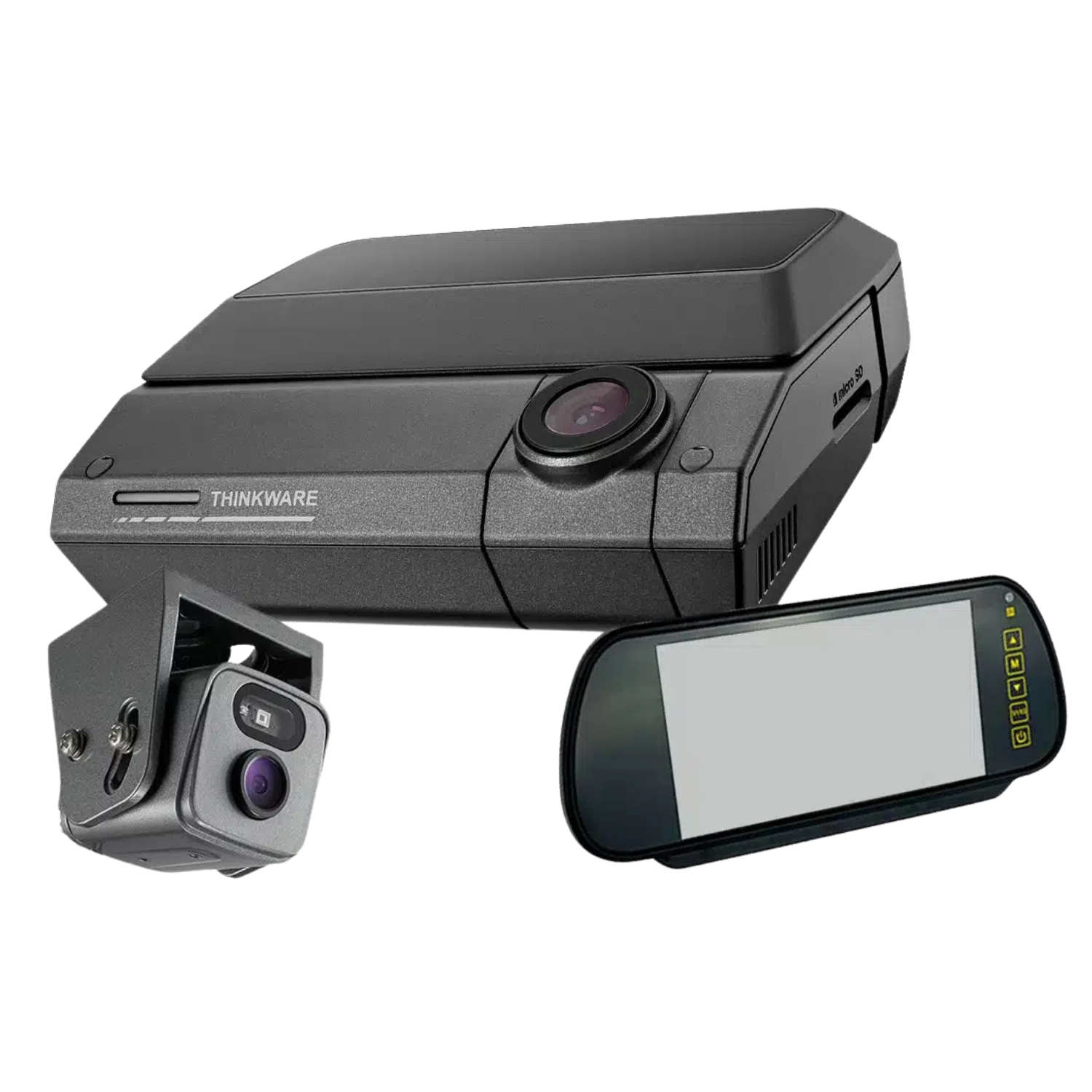 A collection of automotive and electronic devices including a black vehicle camera, a dashcam with a display screen, a GPS device, and a black box-style device.