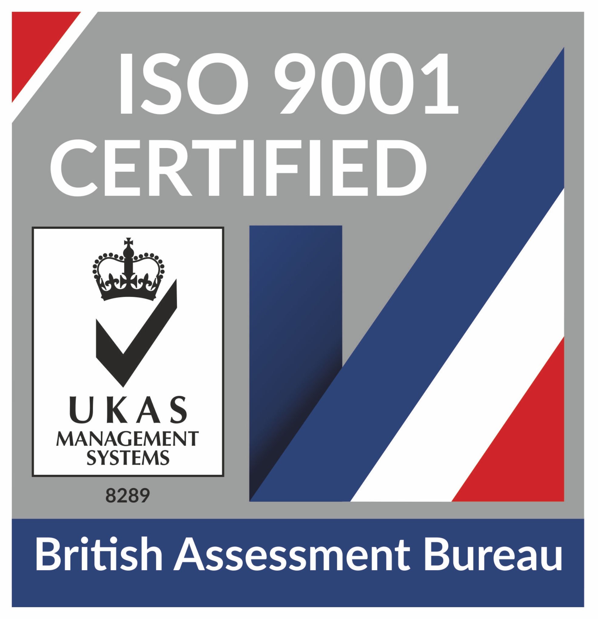 Certification badge with 'ISO 9001 Certified' at the top, a crest with a crown, and text indicating accreditation from the British Assessment Bureau for UKAS Management Systems, with identification number 8289.