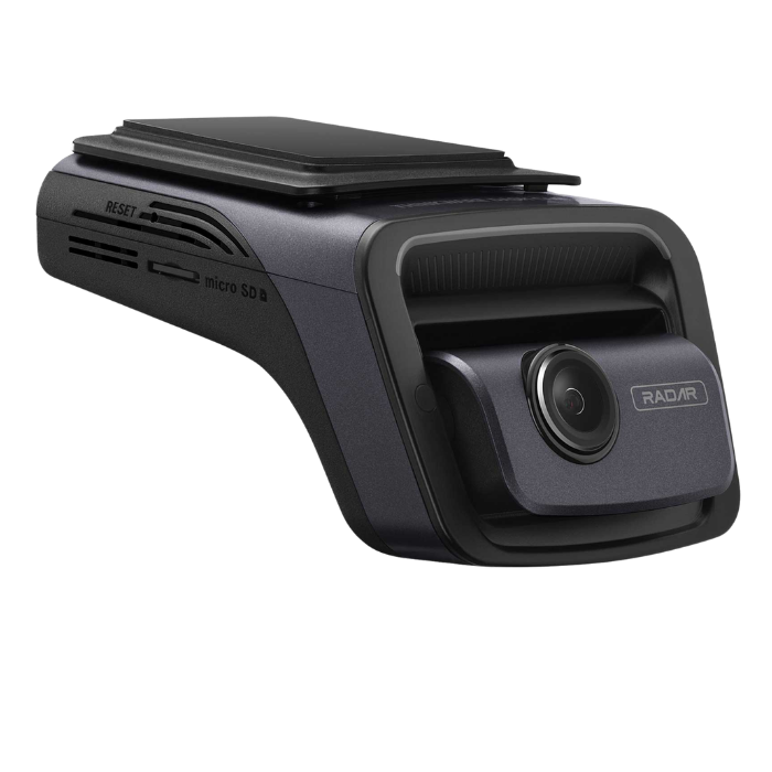 A radar dashcam with a wide-angle camera lens, mounted on a vehicle's windshield.