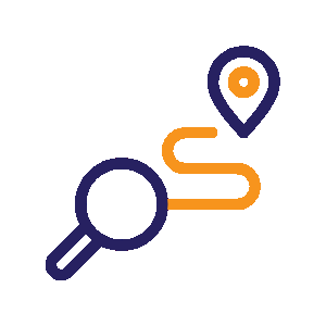 Magnifying glass icon and location marker icon on an orange background.