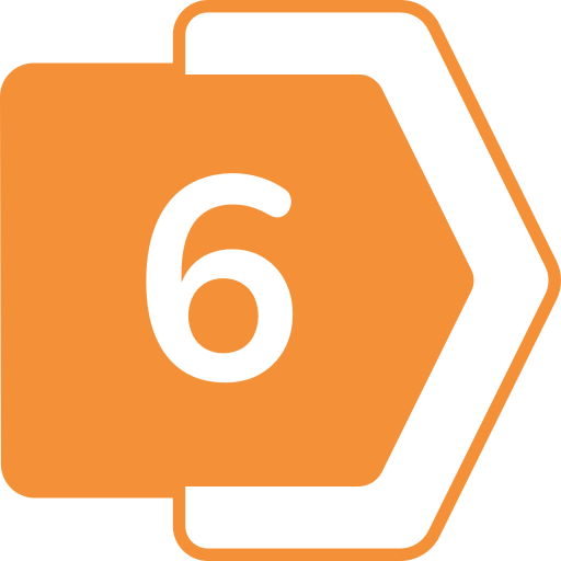 Orange and black road sign with the number 6 and a hexagon shape.