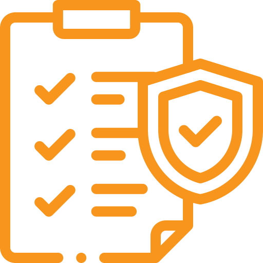 Icon of a clipboard with a checklist and a shield symbol representing security or protection.