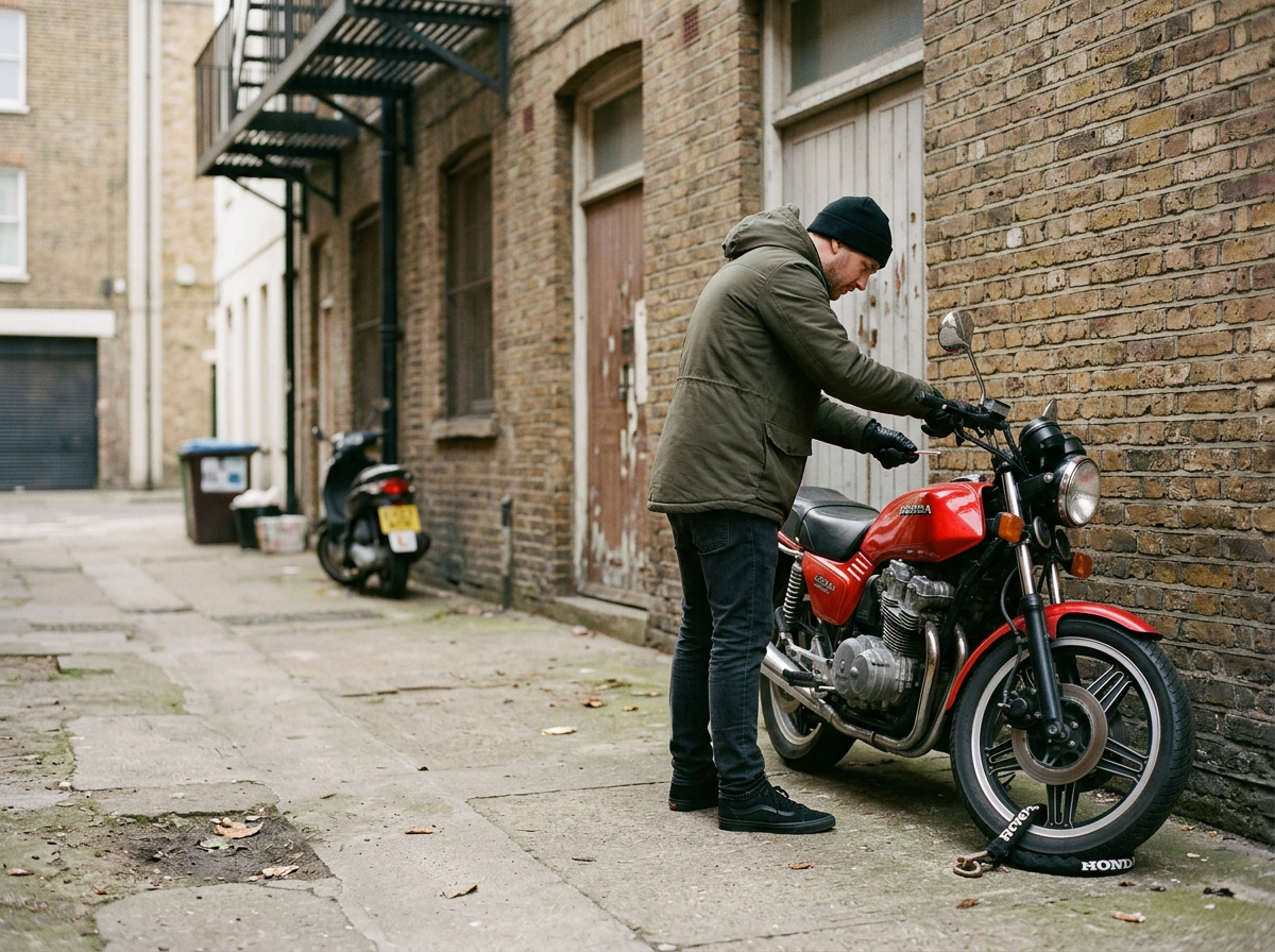 A red motorbike being stolen