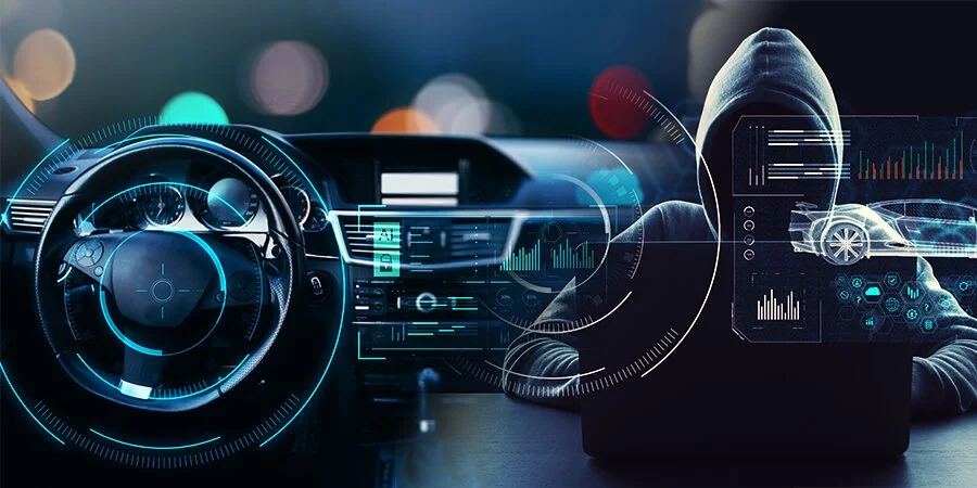 Person in a hoodie sitting at a desk with digital overlays of car dashboards and data analytics, suggesting hacking or cybersecurity themes.