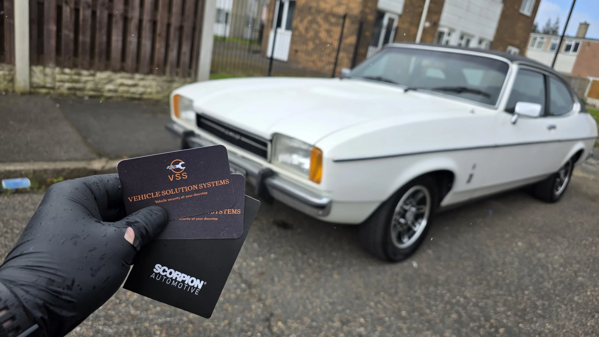 ScorpionTrack vehicle tracker installed by VSS on a classic white Ford Capri.