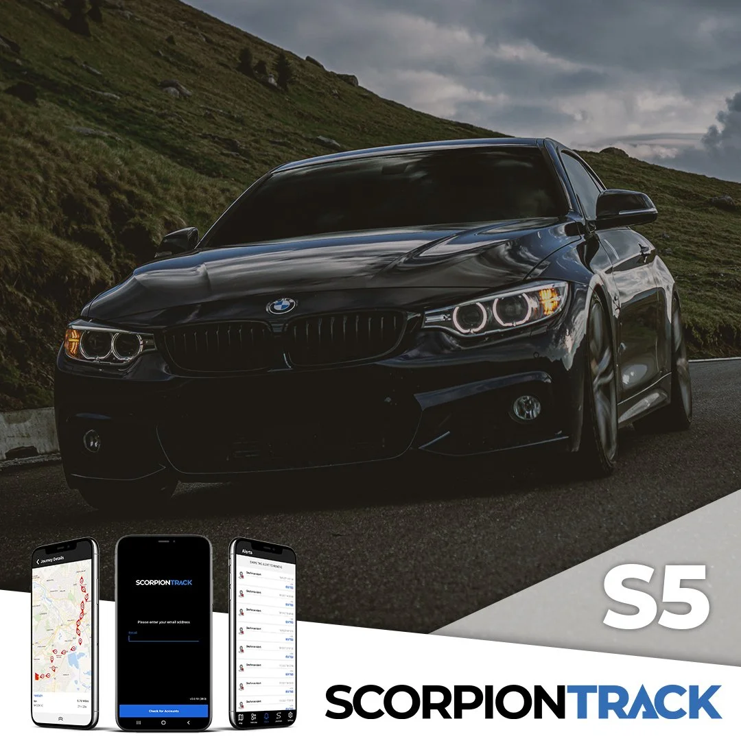 ScorpionTrack S5 Thatcham-approved vehicle tracker with mobile tracking app displayed beside a black BMW.