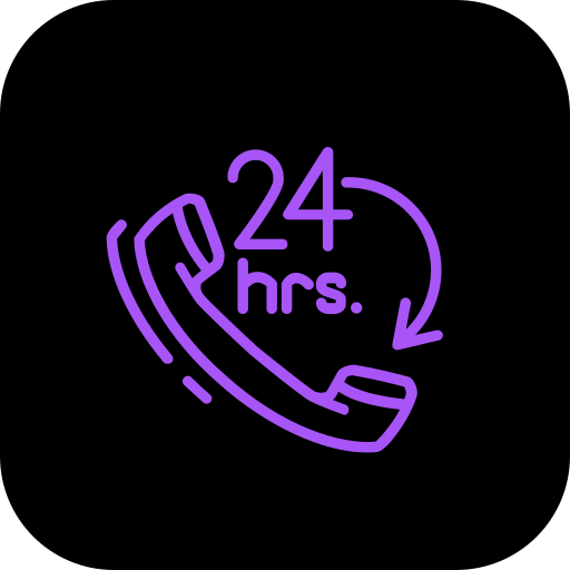 Neon purple sign of a telephone receiver with the text '24 hrs.' around it, indicating around-the-clock phone service.