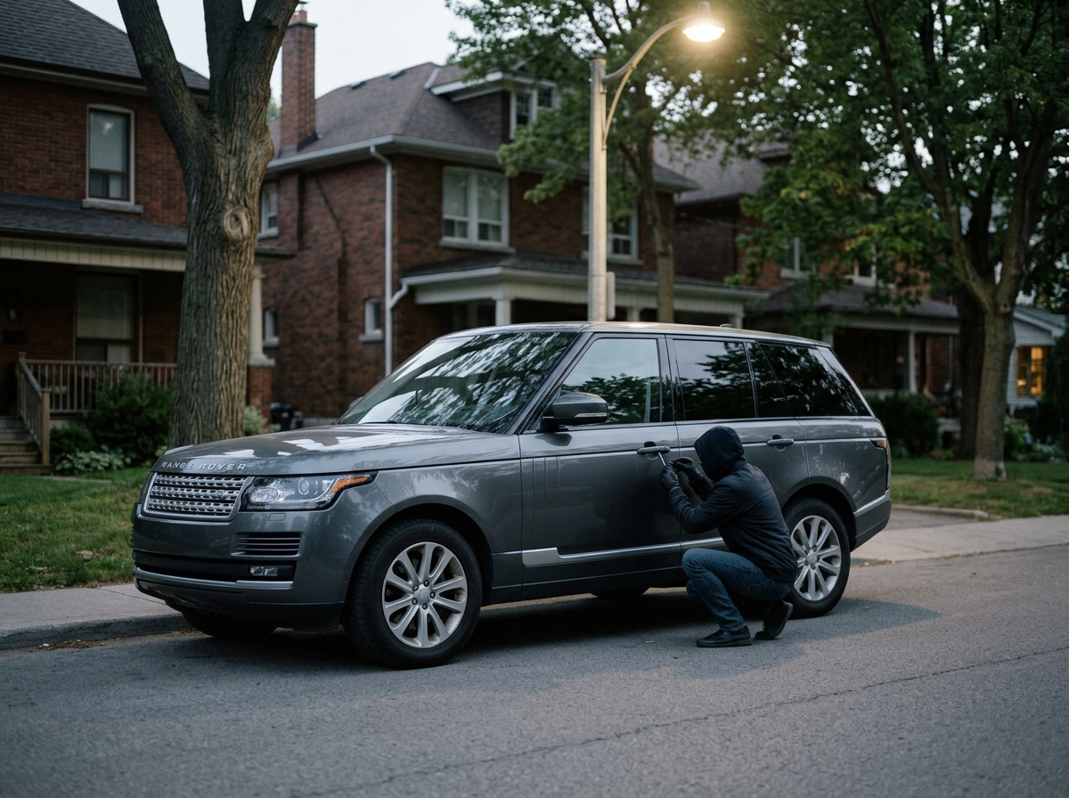 A Range Rover SUV being targeted by a vehicle thief