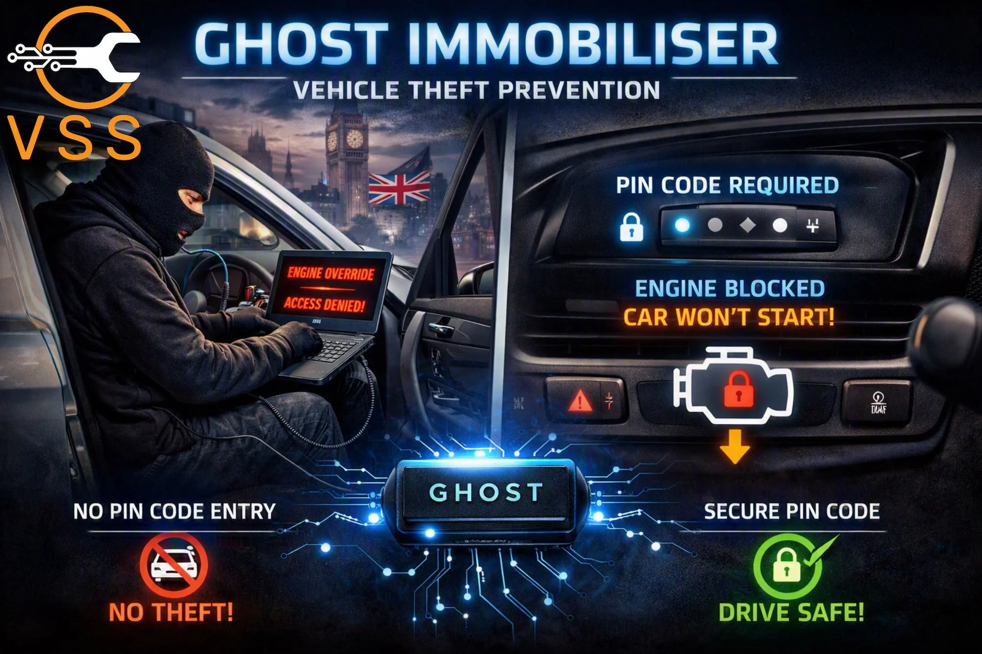 Ghost immobiliser preventing vehicle theft