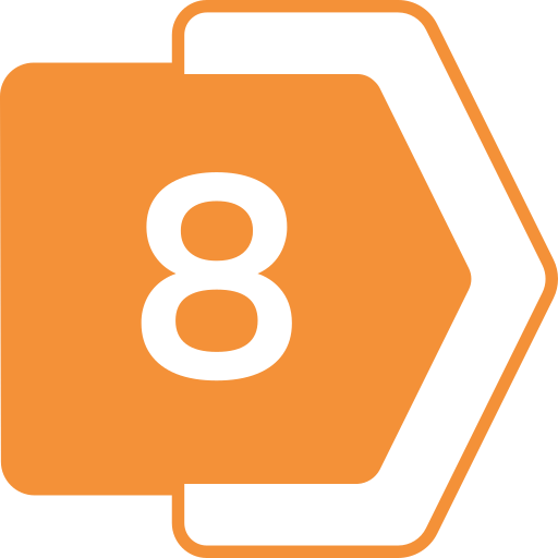 Icon of a folder with the number 8 and a black arrow pointing to the right.