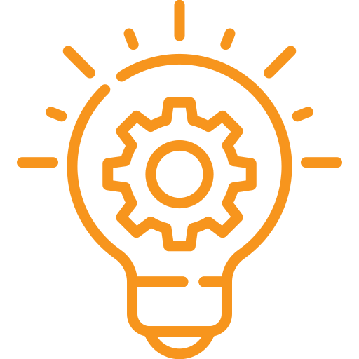 An orange line art icon of a light bulb with a gear inside, symbolizing ideas and innovation.