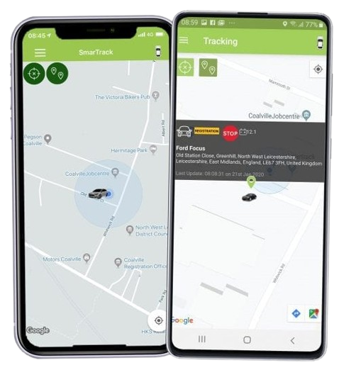 Two smartphones displaying GPS tracking apps with maps and vehicle locations.