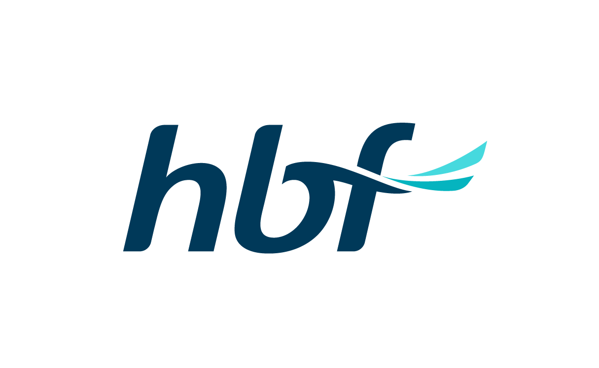 HBF health fund logo in lowercase letters in dark blue with stylised blue and aqua waves extending from the top right of the letters.