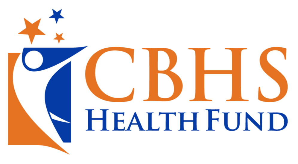 Logo for CBHS Health Fund with orange, white, and blue text and design elements, including a stylised person and stars.