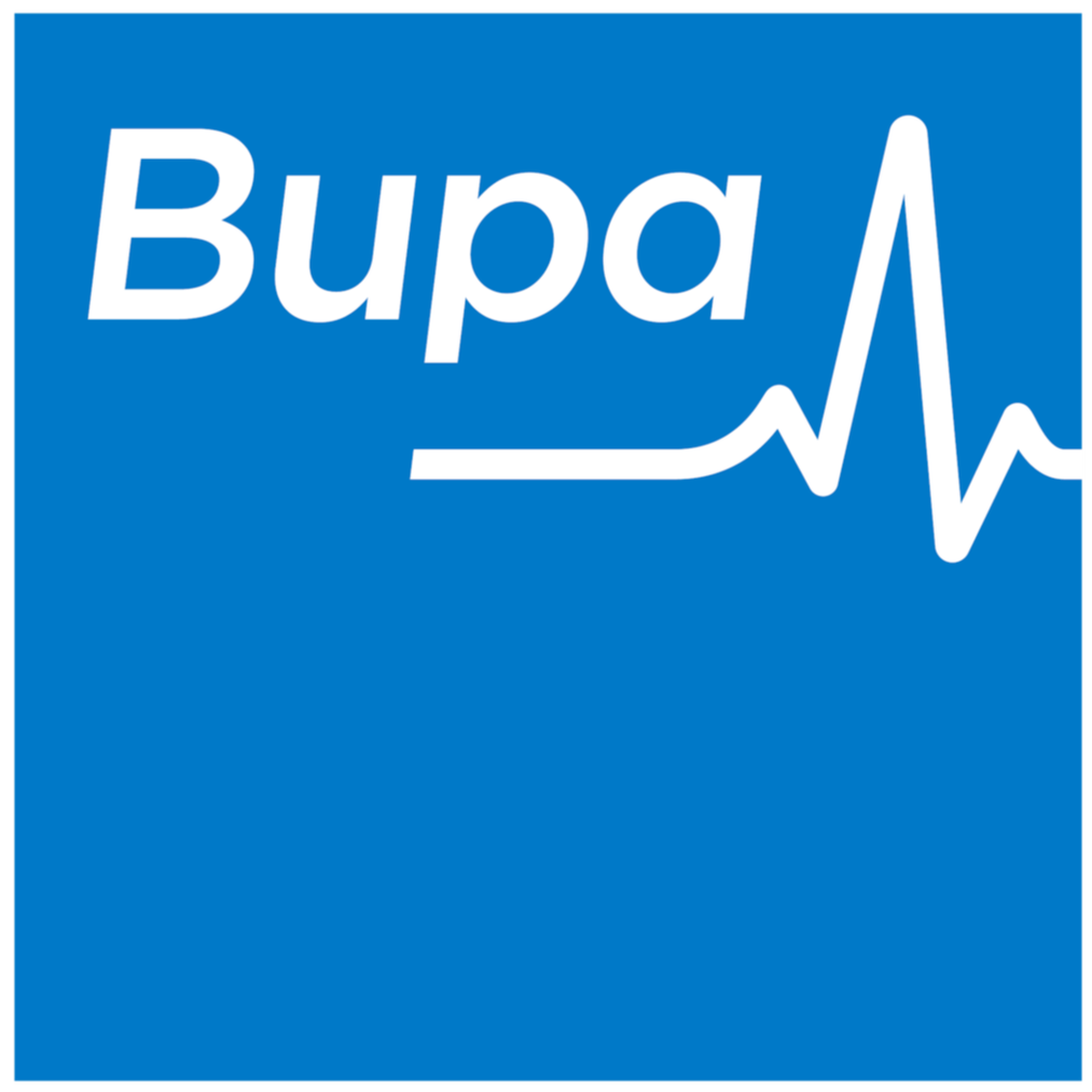 Bupa logo with a blue background and a white heartbeat line.