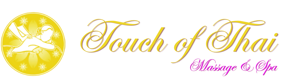 Logo for Touch of Thai Massage & Spa featuring a stylised image of a person receiving a back massage inside a golden circular background with floral designs.