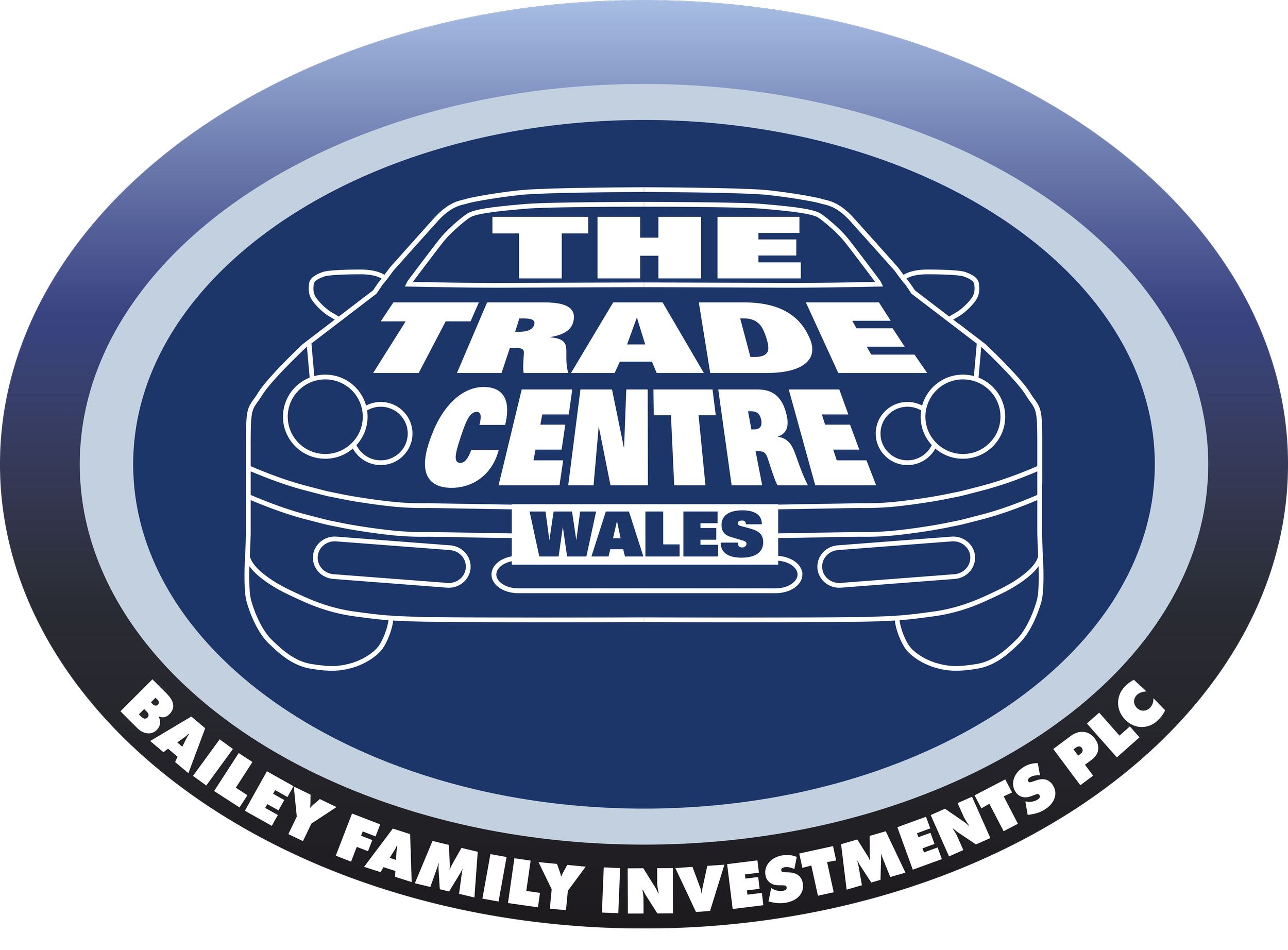 Logo of 'The Trade Centre Wales' featuring a stylized car outline with the words 'THE TRADE CENTRE WALES' inside it, surrounded by a circular border with additional text about family investments, batteries, and components.