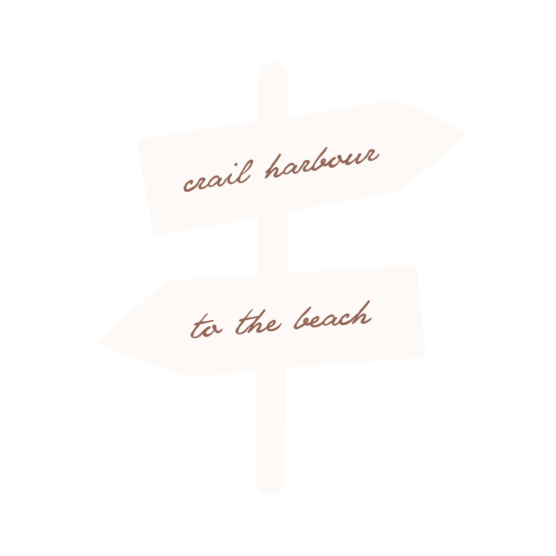 Signpost with two arrows, one pointing to the right labeled 'crail harbour' and one pointing to the left labeled 'to the beach'.