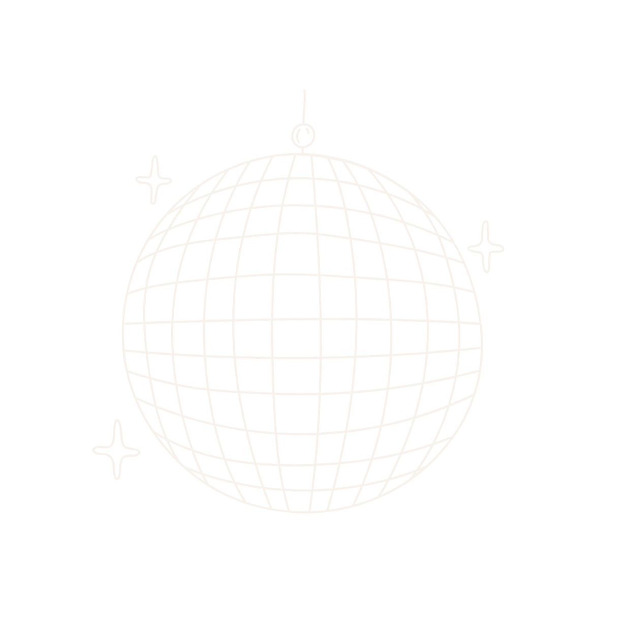 A digital line drawing of a disco ball with a black background and small star-like sparkles around it.