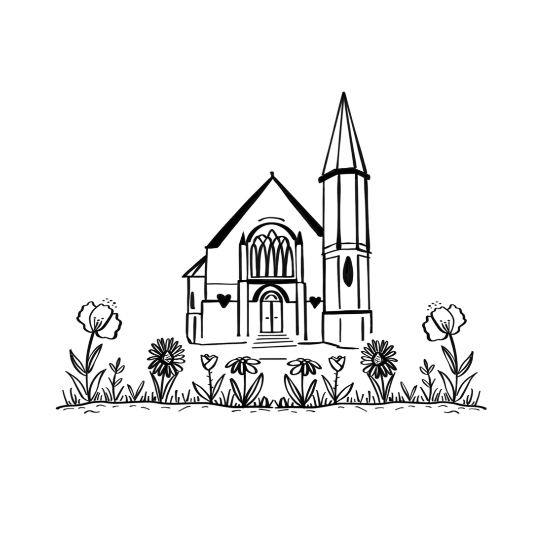 A black and white line drawing of a church with a tall steeple, surrounded by a garden with flowers, and a picket fence in the foreground.