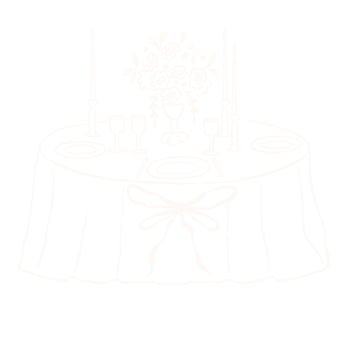 Line drawing of a round table with a tablecloth, set for a meal with three plates, four glasses, and silverware. A bouquet of flowers in a vase and six tall candles are centerpiece on the table, which is decorated with a large bow.