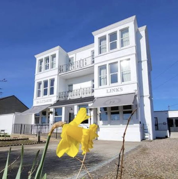 White three-story building with signs 'Bookstore' and 'Links,' featuring large windows, balconies, and a sidewalk in front, with yellow flowers in the foreground and a bright blue sky in the background.