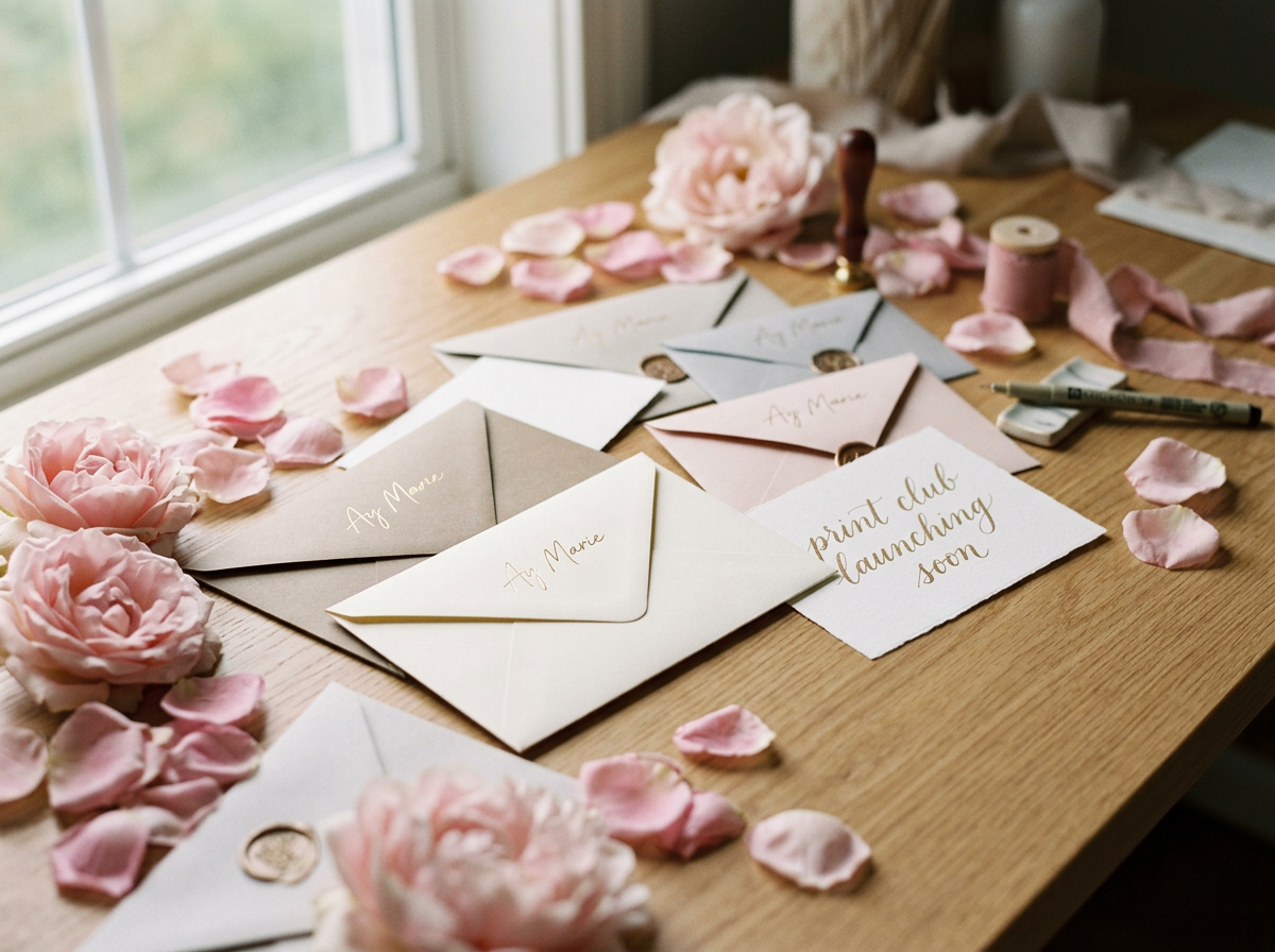 A wooden table with pink roses, scattered pink rose petals, and multiple envelopes, some with the name 'Ay Marie' in gold; a small wax seal stamp, a spool of pink ribbon, a pen, and a torn piece of card with the words 'print club launching soon' are