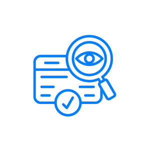 Icon of a magnifying glass with an eye over a document or identification card, indicating scrutiny or verification.