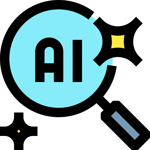 Blue circle with the text 'AI' inside, surrounded by smaller geometric shapes, on a black background.