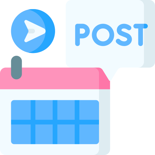 A social media post icon with a paper airplane symbol, a calendar with blue days, and a speech bubble with the word 'POST' in blue letters.