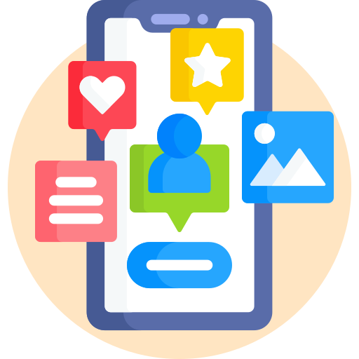 Illustration of a smartphone with various social media icons and speech bubbles around it.