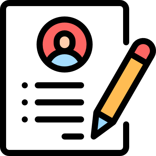 Illustration of a resume with a profile picture, text lines, and a large yellow pencil with a pink tip.